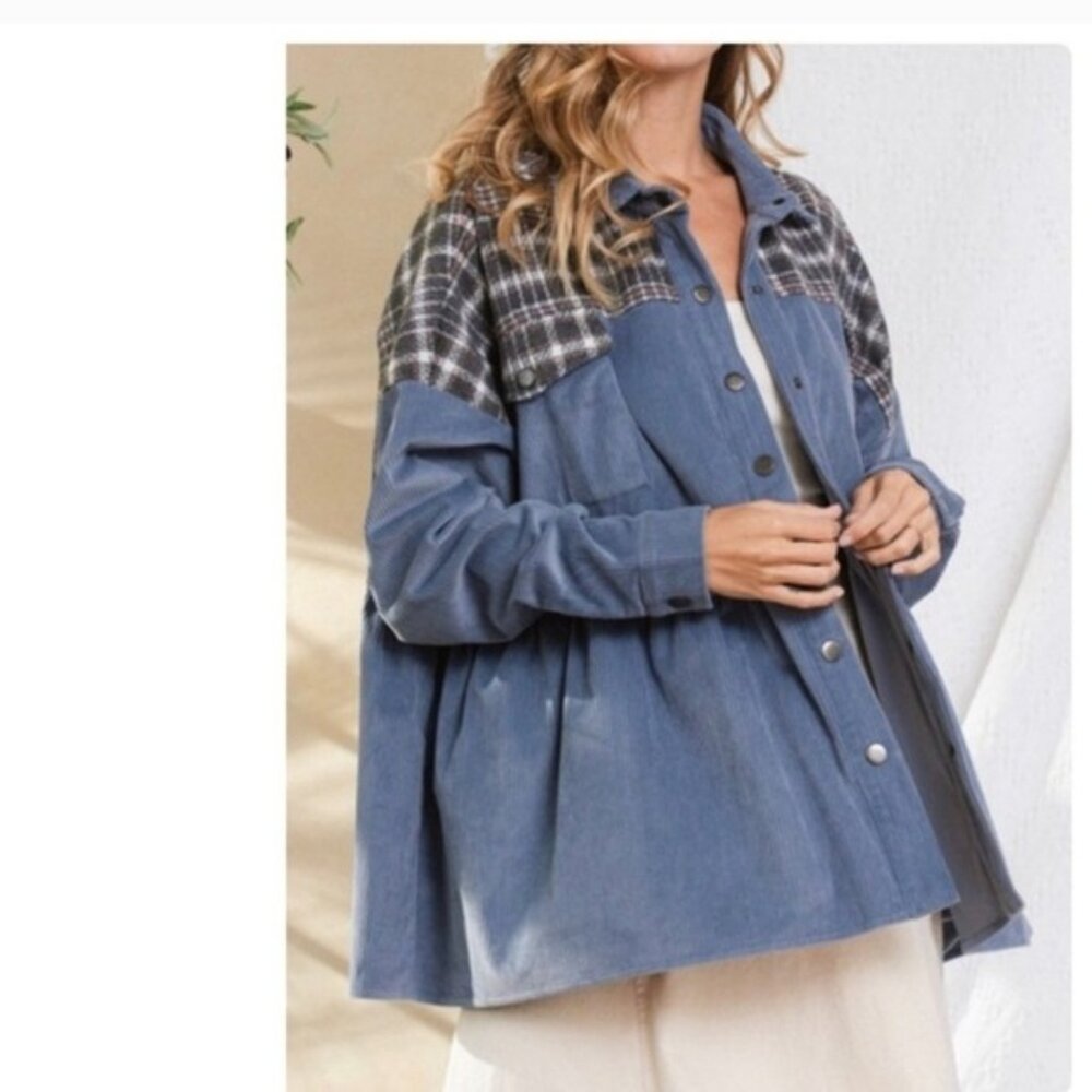 Womens Blue Corduroy & Plaid Button-Up Peplum Shirt Jacket-SIZE: LARGE-NEW